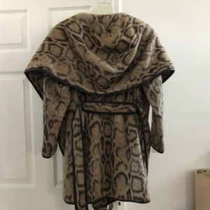 Leopard wrap coat with leather trim